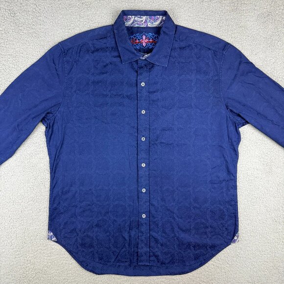 Robert Graham Shirt Mens 2XL XXL Navy Blue Geometric Flip Cuff Dress Button Up 1 - Picture 2 of 11
